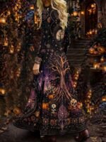 Elorivane Plus Size Women Halloween Moon Skull Pumpkin V-Neck Maxi Dress, Fall Festive Long Sleeve Dress - Image 2