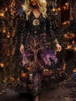 Elorivane Plus Size Women Halloween Moon Skull Pumpkin V-Neck Maxi Dress, Fall Festive Long Sleeve Dress - Image 4