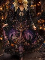 Elorivane Plus Size Women Halloween Moon Skull Pumpkin V-Neck Maxi Dress, Fall Festive Long Sleeve Dress