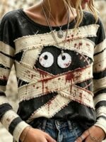Elorivane Plus Size Women Little Ghost Graphic Long Sleeve Tee, Halloween Fashion - Image 3
