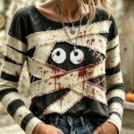 Elorivane Plus Size Women Little Ghost Graphic Long Sleeve Tee, Halloween Fashion