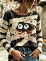 Elorivane Plus Size Women Little Ghost Graphic Long Sleeve Tee, Halloween Fashion