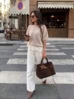 Elorivane French Elegant Oatmeal Knit Top | Vintage Short Sleeve Loose Pullover, Old Money Aesthetic Summer - Image 2