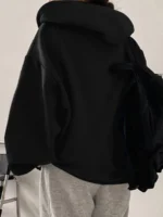Elorivane Plus Size Black Zip-Up Hooded Sweatshirt, Solid Color Street Casual Spring Autumn Blogger Style Top - Image 2