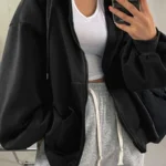 Elorivane Plus Size Black Zip-Up Hooded Sweatshirt, Solid Color Street Casual Spring Autumn Blogger Style Top