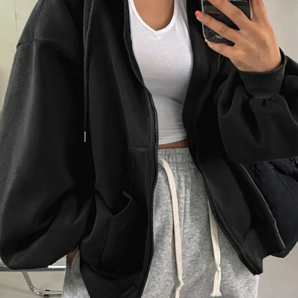 Elorivane Plus Size Black Zip-Up Hooded Sweatshirt, Solid Color Street Casual Spring Autumn Blogger Style Top