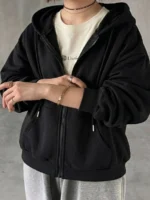 Elorivane Plus Size Black Zip-Up Hooded Sweatshirt, Solid Color Street Casual Spring Autumn Blogger Style Top - Image 5