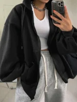 Elorivane Plus Size Black Zip-Up Hooded Sweatshirt, Solid Color Street Casual Spring Autumn Blogger Style Top - Image 6