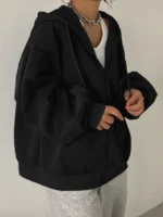 Elorivane Plus Size Black Zip-Up Hooded Sweatshirt, Solid Color Street Casual Spring Autumn Blogger Style Top - Image 3