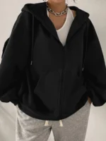 Elorivane Plus Size Black Zip-Up Hooded Sweatshirt, Solid Color Street Casual Spring Autumn Blogger Style Top - Image 4