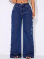 Elorivane Women's Low Waist Wide Leg Blue Jeans, Curved Hem Distressed Denim - Image 4