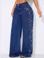 Elorivane Women's Low Waist Wide Leg Blue Jeans, Curved Hem Distressed Denim - Image 5