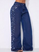 Elorivane Women's Low Waist Wide Leg Blue Jeans, Curved Hem Distressed Denim - Image 3