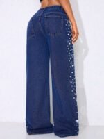Elorivane Women's Low Waist Wide Leg Blue Jeans, Curved Hem Distressed Denim - Image 2