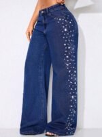 Elorivane Women's Low Waist Wide Leg Blue Jeans, Curved Hem Distressed Denim - Image 7