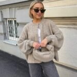 Elorivane French Elegant Oatmeal Knit Cardigan, Vintage Lantern Sleeve Fall Sweater Jacket