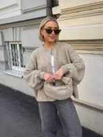 Elorivane French Elegant Oatmeal Knit Cardigan, Vintage Lantern Sleeve Fall Sweater Jacket