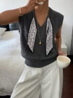 Elorivane Women's Grey V-Neck Knit Vest With Scarf Decoration | Commuter Elegant Sleeveless Sweater Vest Fall - Image 4