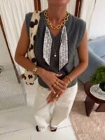 Elorivane Women's Grey V-Neck Knit Vest With Scarf Decoration | Commuter Elegant Sleeveless Sweater Vest Fall - Image 3