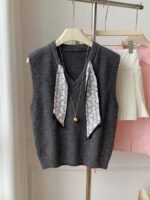 Elorivane Women's Grey V-Neck Knit Vest With Scarf Decoration | Commuter Elegant Sleeveless Sweater Vest Fall - Image 2