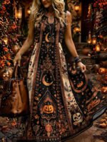 Elorivane Plus Size Black White Colorblock Sleeveless Dress Skeleton Floral Spider Web Print Notched Neck Loose Gothic Casual Dress for Halloween - Image 10