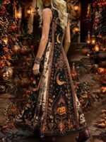 Elorivane Plus Size Black White Colorblock Sleeveless Dress Skeleton Floral Spider Web Print Notched Neck Loose Gothic Casual Dress for Halloween - Image 9