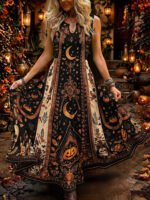 Elorivane Plus Size Black White Colorblock Sleeveless Dress Skeleton Floral Spider Web Print Notched Neck Loose Gothic Casual Dress for Halloween - Image 8