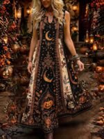 Elorivane Plus Size Black White Colorblock Sleeveless Dress Skeleton Floral Spider Web Print Notched Neck Loose Gothic Casual Dress for Halloween - Image 11