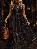 Elorivane Plus Size Black White Colorblock Sleeveless Dress Skeleton Floral Spider Web Print Notched Neck Loose Gothic Casual Dress for Halloween - Image 14