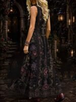 Elorivane Plus Size Black White Colorblock Sleeveless Dress Skeleton Floral Spider Web Print Notched Neck Loose Gothic Casual Dress for Halloween - Image 13