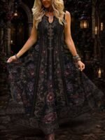Elorivane Plus Size Black White Colorblock Sleeveless Dress Skeleton Floral Spider Web Print Notched Neck Loose Gothic Casual Dress for Halloween - Image 12