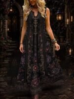 Elorivane Plus Size Black White Colorblock Sleeveless Dress Skeleton Floral Spider Web Print Notched Neck Loose Gothic Casual Dress for Halloween - Image 15