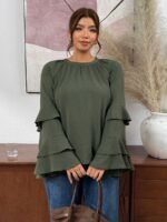 Elorivane Plus Size Olive Green Pleated Shirt, Elegant Versatile Top for Office Daily Wear, Autumn Casual Wear - Image 7