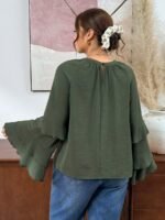 Elorivane Plus Size Olive Green Pleated Shirt, Elegant Versatile Top for Office Daily Wear, Autumn Casual Wear - Image 2