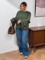 Elorivane Plus Size Olive Green Pleated Shirt, Elegant Versatile Top for Office Daily Wear, Autumn Casual Wear - Image 4