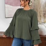 Elorivane Plus Size Olive Green Pleated Shirt, Elegant Versatile Top for Office Daily Wear, Autumn Casual Wear