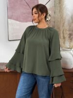 Elorivane Plus Size Olive Green Pleated Shirt, Elegant Versatile Top for Office Daily Wear, Autumn Casual Wear