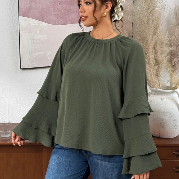Elorivane Plus Size Olive Green Pleated Shirt, Elegant Versatile Top for Office Daily Wear, Autumn Casual Wear