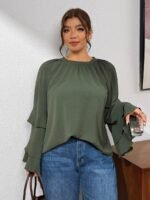 Elorivane Plus Size Olive Green Pleated Shirt, Elegant Versatile Top for Office Daily Wear, Autumn Casual Wear - Image 3