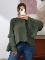 Elorivane Plus Size Olive Green Pleated Shirt, Elegant Versatile Top for Office Daily Wear, Autumn Casual Wear - Image 5