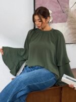 Elorivane Plus Size Olive Green Pleated Shirt, Elegant Versatile Top for Office Daily Wear, Autumn Casual Wear - Image 6