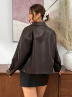 Elorivane Plus Size Brown PU Motorcycle Jacket, Long Sleeve Ins Style Outerwear, Spring Autumn Casual Cardigan - Image 3