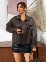 Elorivane Plus Size Brown PU Motorcycle Jacket, Long Sleeve Ins Style Outerwear, Spring Autumn Casual Cardigan - Image 2