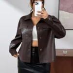Elorivane Plus Size Brown PU Motorcycle Jacket, Long Sleeve Ins Style Outerwear, Spring Autumn Casual Cardigan