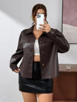 Elorivane Plus Size Brown PU Motorcycle Jacket, Long Sleeve Ins Style Outerwear, Spring Autumn Casual Cardigan
