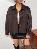 Elorivane Plus Size Brown PU Motorcycle Jacket, Long Sleeve Ins Style Outerwear, Spring Autumn Casual Cardigan - Image 5