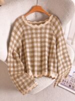 Elorivane Plus Size Black White Plaid Sweater, 80s Style Long Sleeve Versatile Autumn Casual Top - Image 9