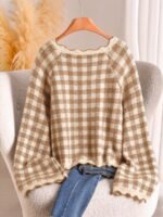 Elorivane Plus Size Black White Plaid Sweater, 80s Style Long Sleeve Versatile Autumn Casual Top - Image 8