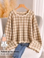 Elorivane Plus Size Black White Plaid Sweater, 80s Style Long Sleeve Versatile Autumn Casual Top - Image 7