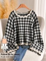 Elorivane Plus Size Black White Plaid Sweater, 80s Style Long Sleeve Versatile Autumn Casual Top - Image 13